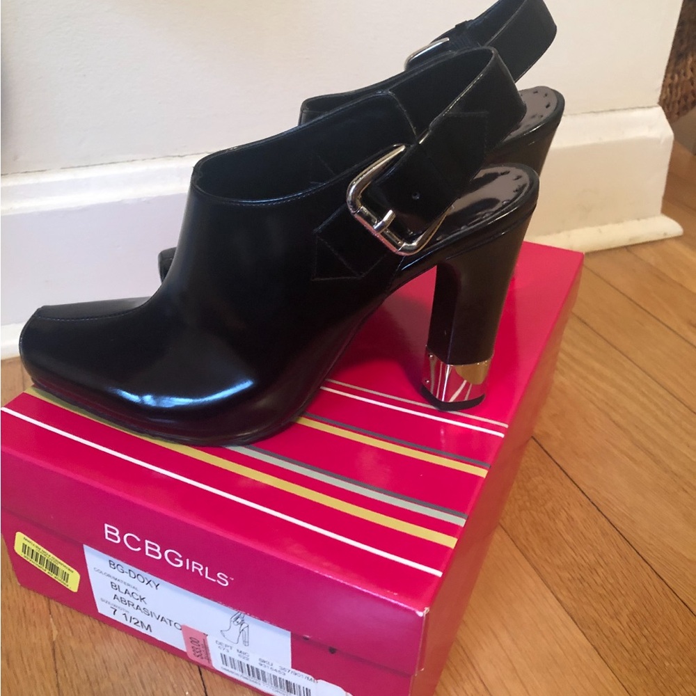 BCBGirls Glossy Black Slingback Mules